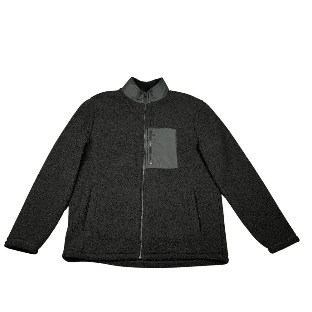 Banana Republic Jacket Mens XL Black Sherpa Fleece Full Zip Chest Pocket Cozy